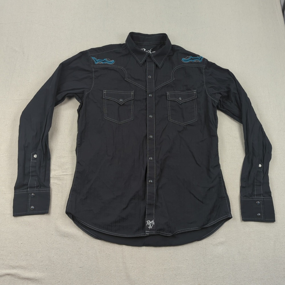 Wrangler Shirt Mens Large Black Rock 47 Embroidered Western Pearl Snap